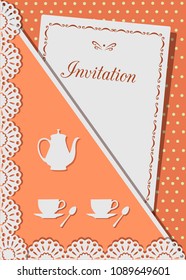 Invitation card for coffee, decorated with lace,on background of polka dots