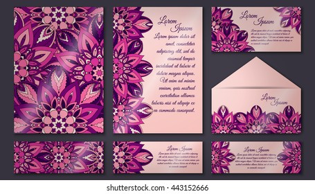 Invitation card collection, delicate floral pattern. Vintage decorative elements. Hand drawn background.Islam, Arabic, Indian, ottoman motifs