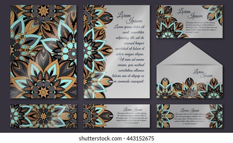 Invitation card collection, delicate floral pattern. Vintage decorative elements. Hand drawn background.Islam, Arabic, Indian, ottoman motifs