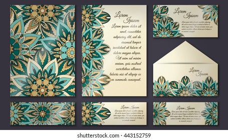 Invitation card collection, delicate floral pattern. Vintage decorative elements. Hand drawn background.Islam, Arabic, Indian, ottoman motifs