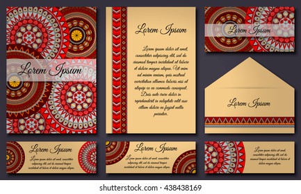 Invitation card collection with ethnic hand drawn decorative elements. Islam, Arabic, Indian, ottoman motifs.