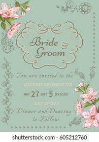 Invitation card of color sacura blossom flowers. Vintage floral invitation for spring or summer bridal shower. Frame card background with mehendi elements. Vector illustration.