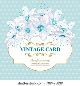 Invitation card of color sacura blossom flowers. Vintage floral invitation for spring or summer bridal shower. Frame card background in polka dots. Vector illustration.