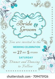 Invitation card of color sacura blossom flowers. Vintage floral invitation for spring or summer bridal shower. Frame card background with mehendi elements. Vector illustration.