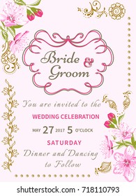 Invitation card of color sacura blossom flowers. Vintage floral invitation for spring or summer bridal shower. Frame card background with mehendi elements. Vector illustration.