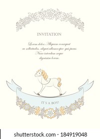 Invitation card with colored and contour flowers, blue banner and toy rocking horse with harness on beige. Vector background.