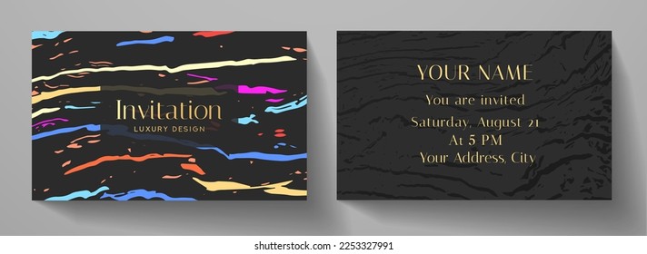 Invitation card with colorful abstract paint texture (rainbow line pattern, curves) on black background. Trendy stripe template for invite design, prestigious Gift card, voucher or name card
