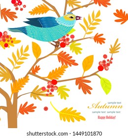 invitation card with colorful bird on branch of rowan tree for your design