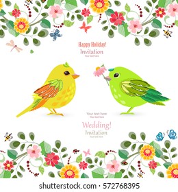 invitation card with colorful birds for your design