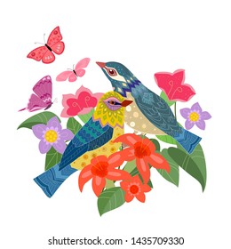 invitation card with colorful flowers and couple of birds for your design