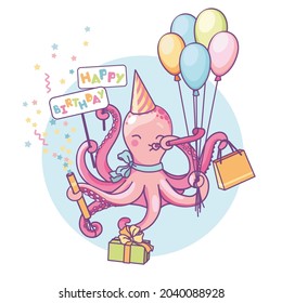 Invitation card with colorful octopus. Happy birthday.