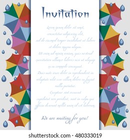 Invitation card with colorful umbrellas and rain drops in flat style. Trendy autumn 2016 colors. Vector illustration