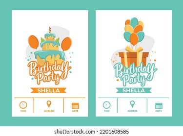 Invitation card with concept of cake, balloon, gift box, happy birthday vector illustration and pink background.