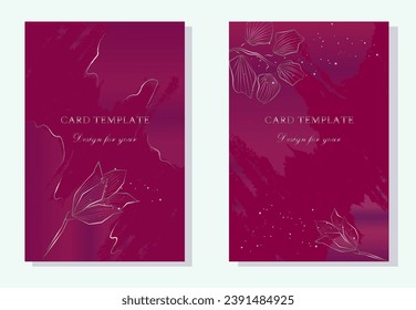 Invitation, card, congratulation. Design flowers art, gold, botany, burgundy background. Template for happy birthday cards, greeting cards, flyers, invitations, parties. Wedding invitation cards.