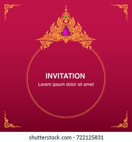 Invitation card and congratulation frame border design vector in Thai classic style decoration gold and red tone color illustration