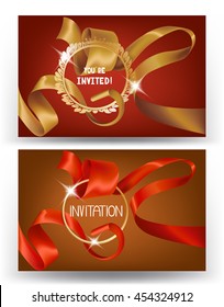 Invitation card with curled silk ribbon, scissors and gold frame. Vector illustration