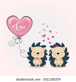 Invitation card with cute cartoon Hedgehogs in love with Heart Shaped Balloons. Happy Valentine's day. Vector illustration.