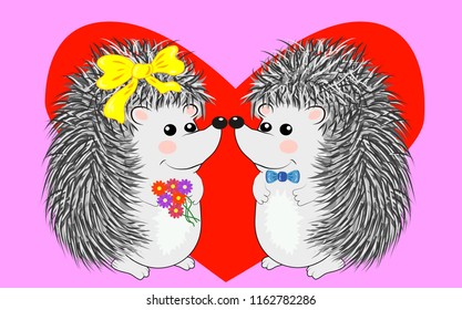 Invitation card with cute cartoon Hedgehogs in love with Heart Shaped Balloons. Happy Valentine's day. Vector illustration.