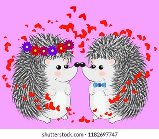 Invitation card with cute cartoon Hedgehogs in love with Heart Shaped Balloons. Happy Valentine's day. Vector illustration.