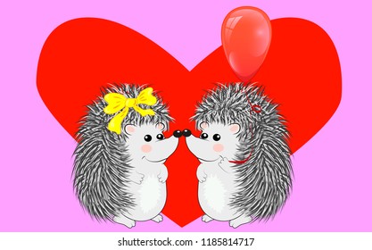 Invitation card with cute cartoon Hedgehogs in love with Heart Shaped Balloons. Happy Valentine's day. Vector illustration.