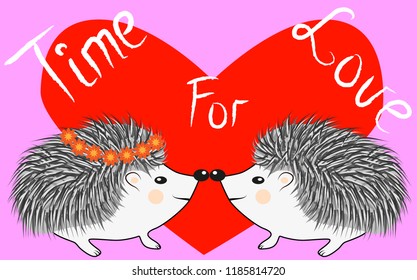 Invitation card with cute cartoon Hedgehogs in love with Heart and Balloons. Happy Valentine's day.