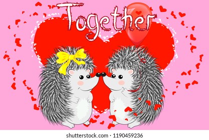 Invitation card with cute cartoon Hedgehogs in love with Heart Shaped Balloons. Happy Valentine's day. Vector illustration.