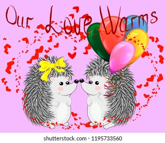 Invitation card with cute cartoon Hedgehogs in love with Heart Shaped Balloons. Happy Valentine's day. Vector illustration.