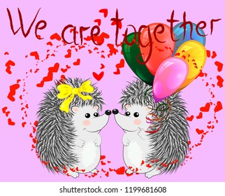 Invitation card with cute cartoon Hedgehogs in love with Heart Shaped Balloons. Happy Valentine's day. Vector illustration.