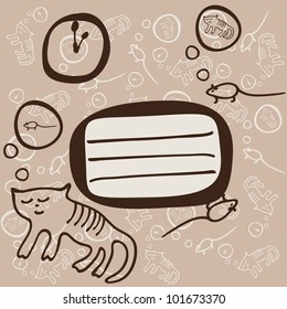 Invitation card with cute cat and mouse dreaming of meal and space for your own text