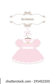 Invitation card with cute pink child's dress and calligraphic frame. Vector background.