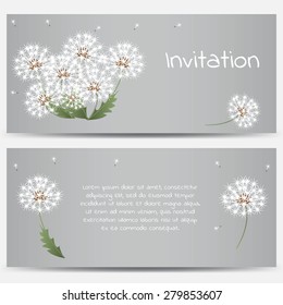 Invitation card with dandelions on grey background. Vector illustration