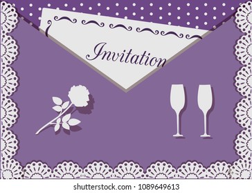 Invitation card decorated with lace on background of polka dots