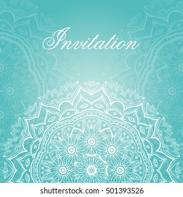 Invitation card design. Beautiful background with lace round ornaments. Mandala design. Boho style. Doily pattern. Vector art