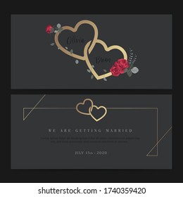 Invitation card design. Black, gold, red roses and leaves. Romantic, marriage, invitation, engagement, celebration.