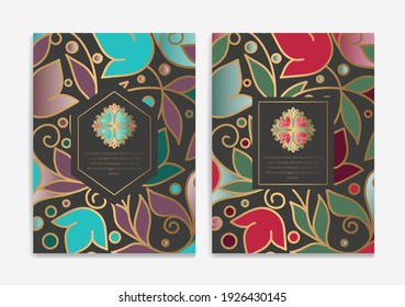 Invitation card design with colorful pattern and decorative golden elements. Luxury vector template. Great for flyer, menu, brochure, postcard, background, wallpaper, decoration or any desired idea.