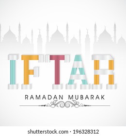 Invitation card design with colourful text Iftar on mosque silhouette background for celebration of Ramadan Mubarak. 
