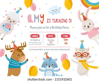 Invitation card design with cute animals. Beautiful template with letters. Baby Shower. Sheep, rabbit, deer and cat animals celebrate Birthday. For baby birthday, party, invitation.