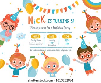 Invitation card design with cute kids. Beautiful template with letters. Nick is turning 3. Boys and girls celebrate Birthday. Party invitation design.