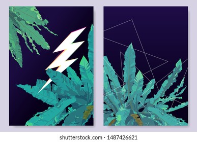 Invitation card design of fresh green tropical exotic plants on dark blue light background with lighting icon and abstract lines, simple and minimal flat design template