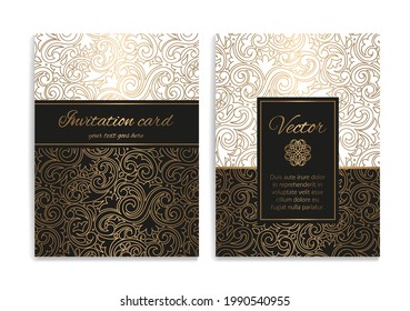Invitation card design with golden ornament pattern. Luxury vintage vector template. Can be used for background and wallpaper. Elegant and classic elements great for decoration.