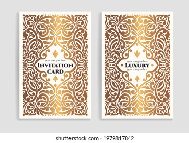 Invitation card design with golden pattern and decorative elements. Luxury vector template. Great for flyer, menu, brochure, postcard, background, wallpaper, decoration or any desired idea.