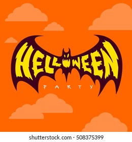  Invitation card design for Halloween with bat and creative lettering. Scary black bat fly in the sky.