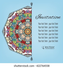 Invitation card design with hand drawn mandala ornament element for wedding bridal, Valentine's day, greeting cards or birthday invitations. Decorative vector illustration, colorful graphic background