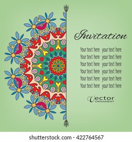 Invitation card design with hand drawn mandala ornament element for wedding bridal, Valentine's day, greeting cards or birthday invitations. Decorative vector illustration, colorful graphic background