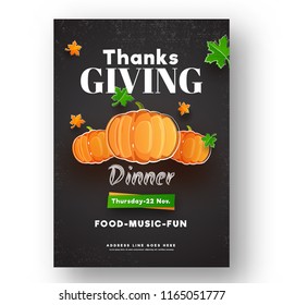 Invitation card design with illustration of pumpkin, date and venue details for Thanksgiving celebration.