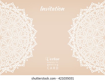 Invitation Card design with lace pattern. Decorative abstract background, mandala elements, luxury postcard with lace texture for Wedding, Bridal, Valentine's day, greeting card or Birthday Invitation