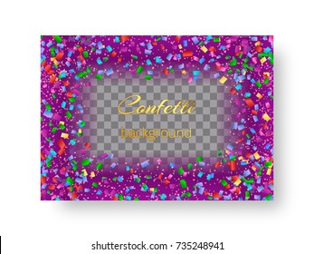Invitation card design with multi-colored confetti particles for festive design on a transparent backdrop
