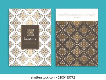Invitation card design with pattern and decorative golden elements. Luxury vector template. Great for flyer, menu, brochure, postcard, background, wallpaper, decoration or any desired idea.