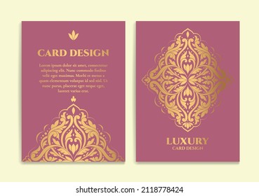Invitation card design with pattern and decorative golden elements. Luxury vector template. Great for flyer, menu, brochure, postcard, background, wallpaper, decoration or any desired idea.