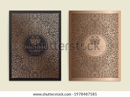 Invitation card design with pattern and decorative golden elements. Luxury vector template. Great for flyer, menu, brochure, postcard, background, wallpaper, decoration or any desired idea.